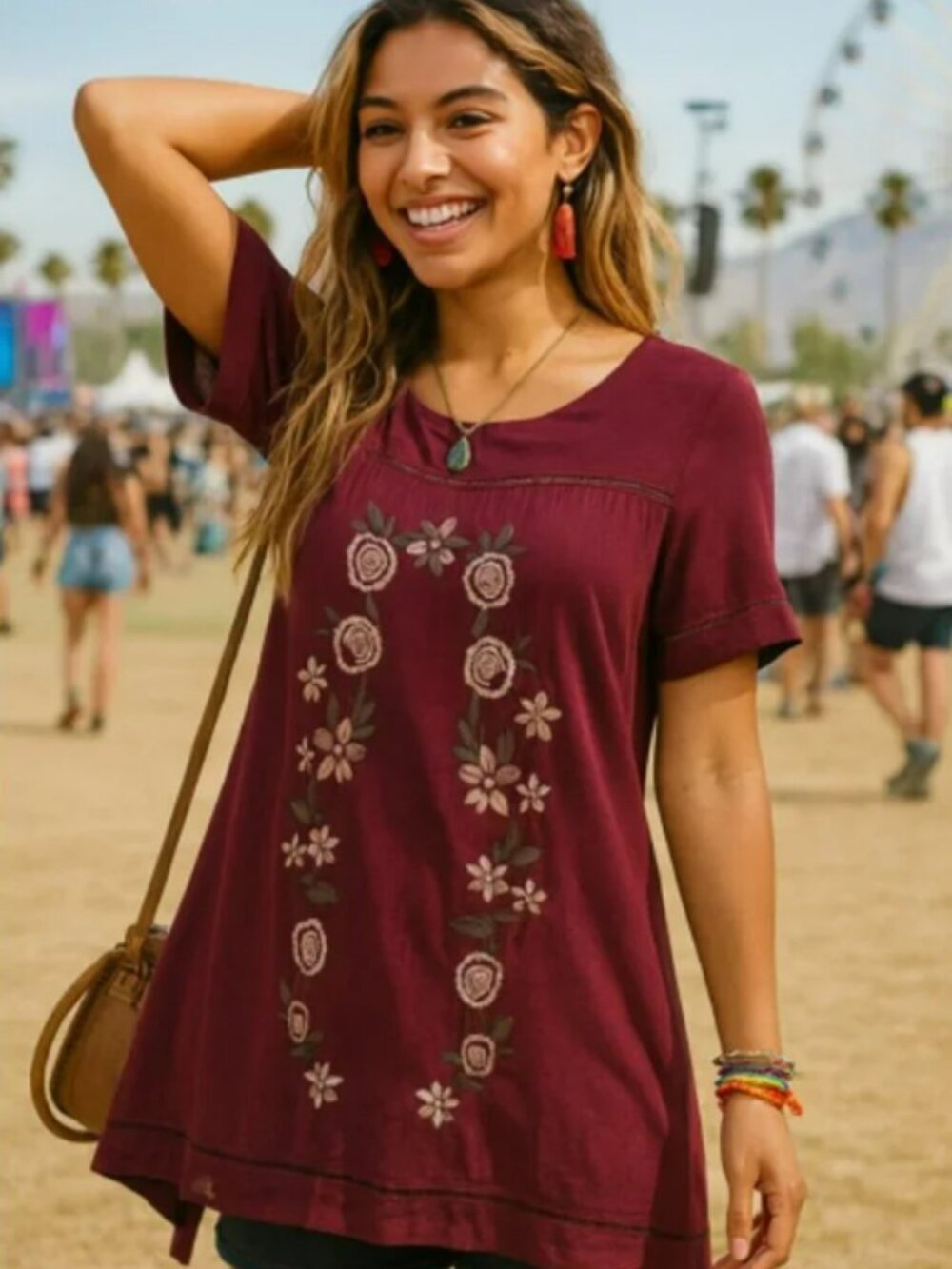 Love Fire Embroidered Maroon Summer Dress